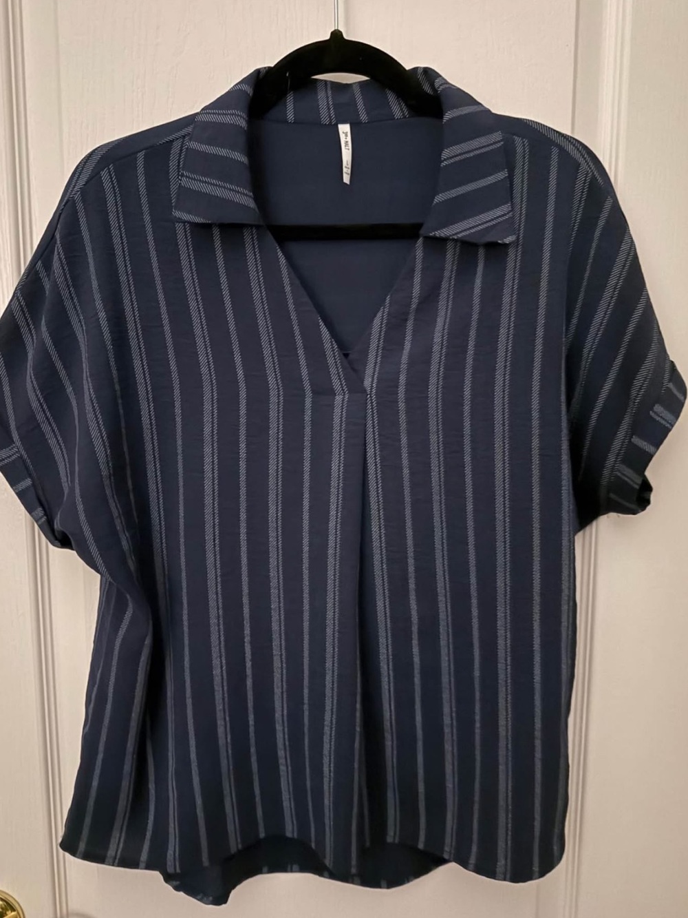 3rd + Malt Navy Stripe Collared Popover V-Neck Top